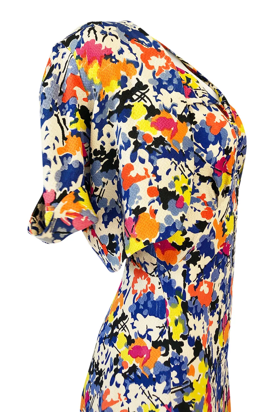 1930s Unlabeled Bias Cut Floral Print Silk Crepe Dress & Crop Jacket