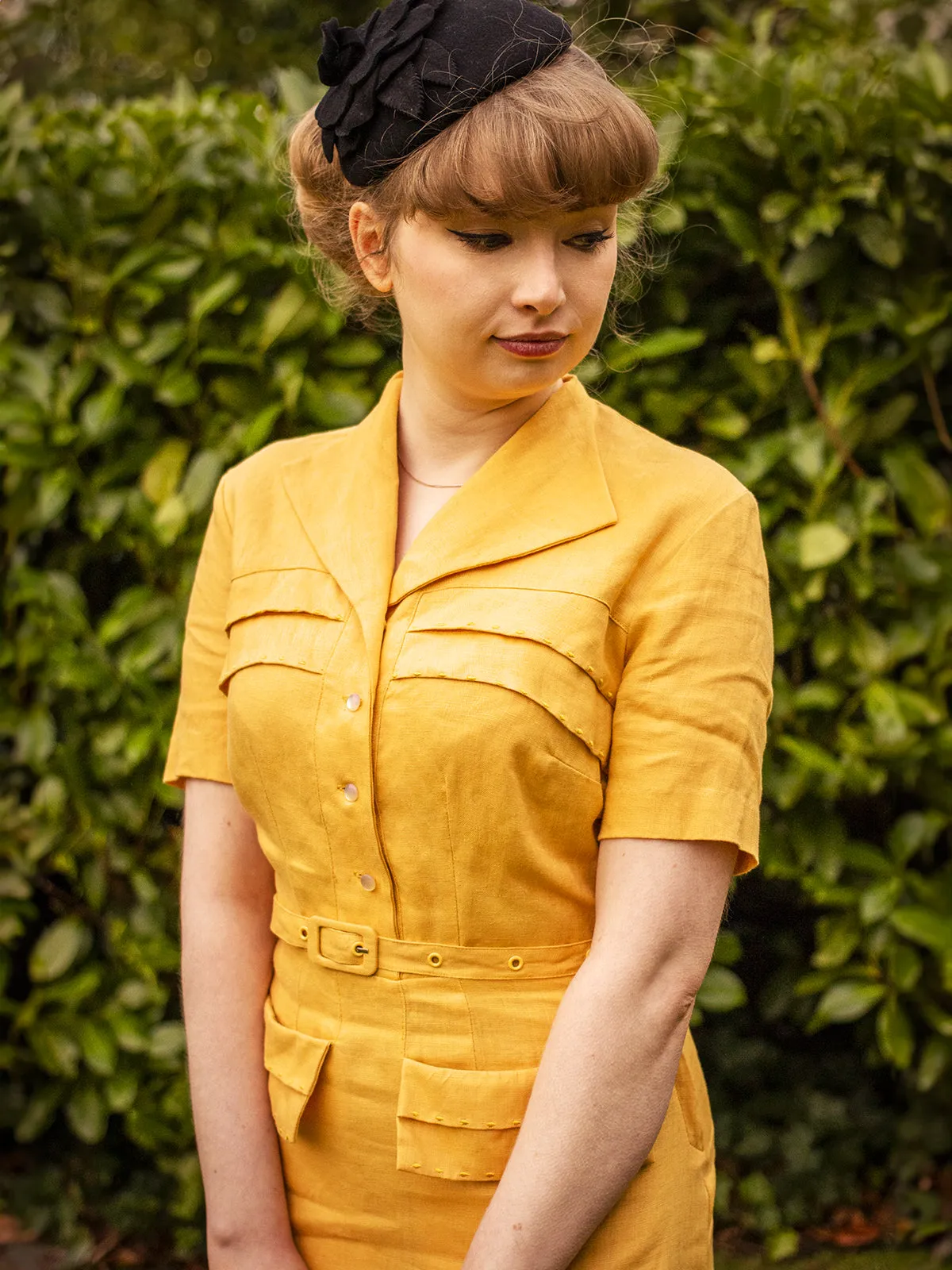 1940s Vintage Spirit Linen Dress in Honey Yellow