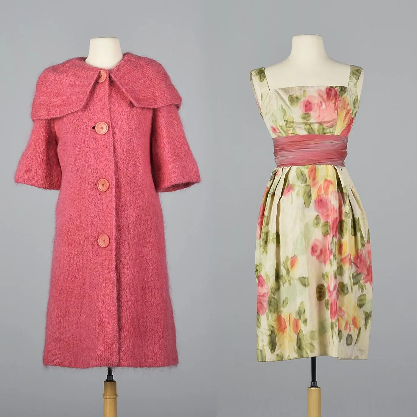 1950s Pink Mohair Coat and Floral 2 Piece Dress Set