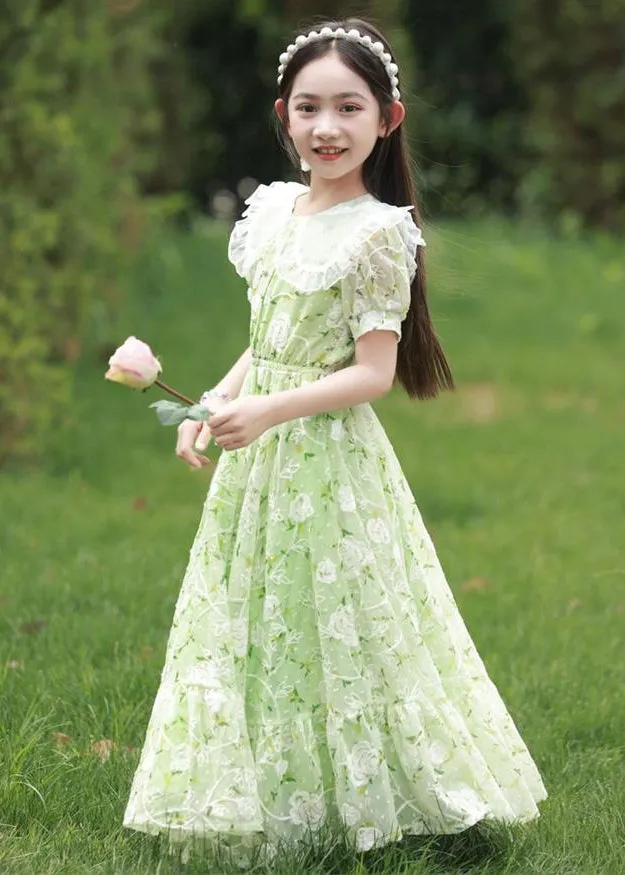 2024 New Green Peter Pan Collar Print Tie Waist Chiffon Girls Maxi Dress Short Sleeve XZ006