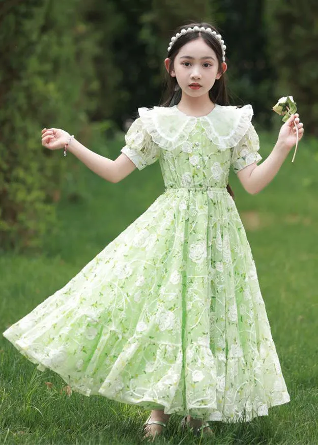 2024 New Green Peter Pan Collar Print Tie Waist Chiffon Girls Maxi Dress Short Sleeve XZ006