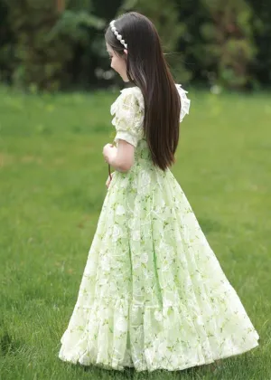 2024 New Green Peter Pan Collar Print Tie Waist Chiffon Girls Maxi Dress Short Sleeve XZ006