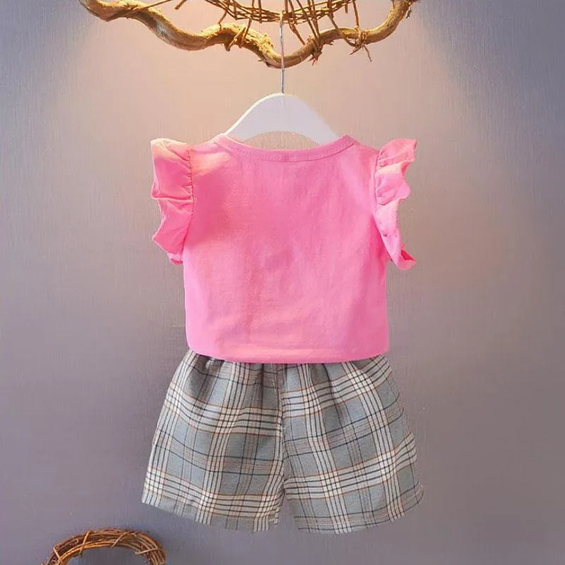 2pcs Sweet Plaid Little Girl Print T-shirt and Pants