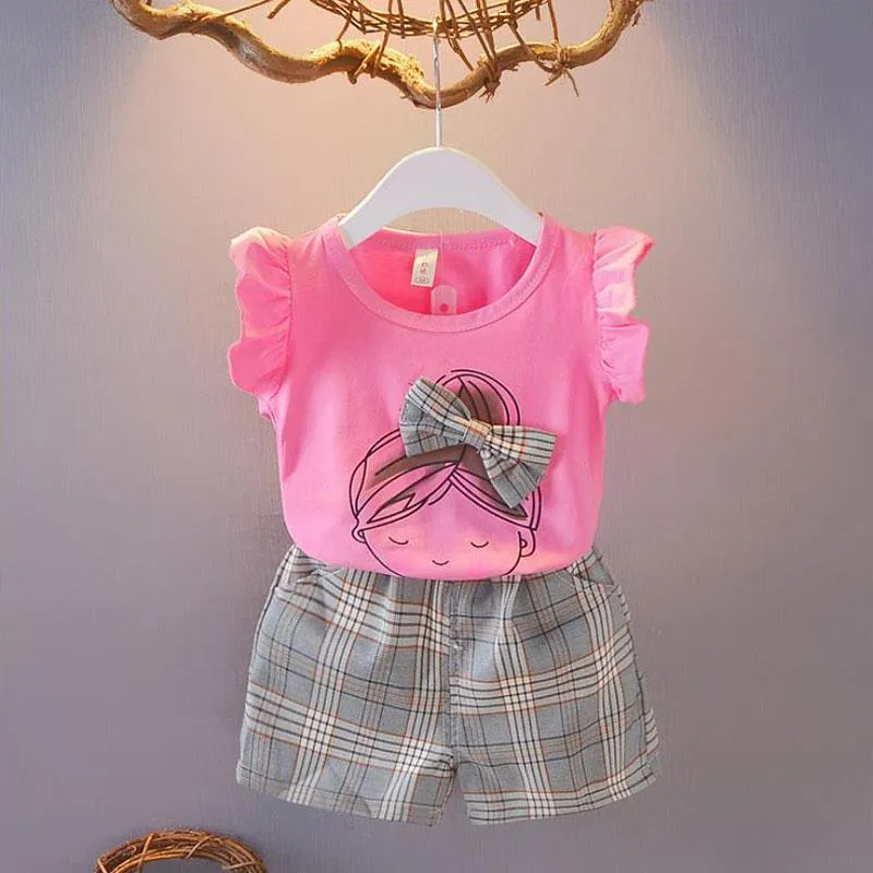 2pcs Sweet Plaid Little Girl Print T-shirt and Pants