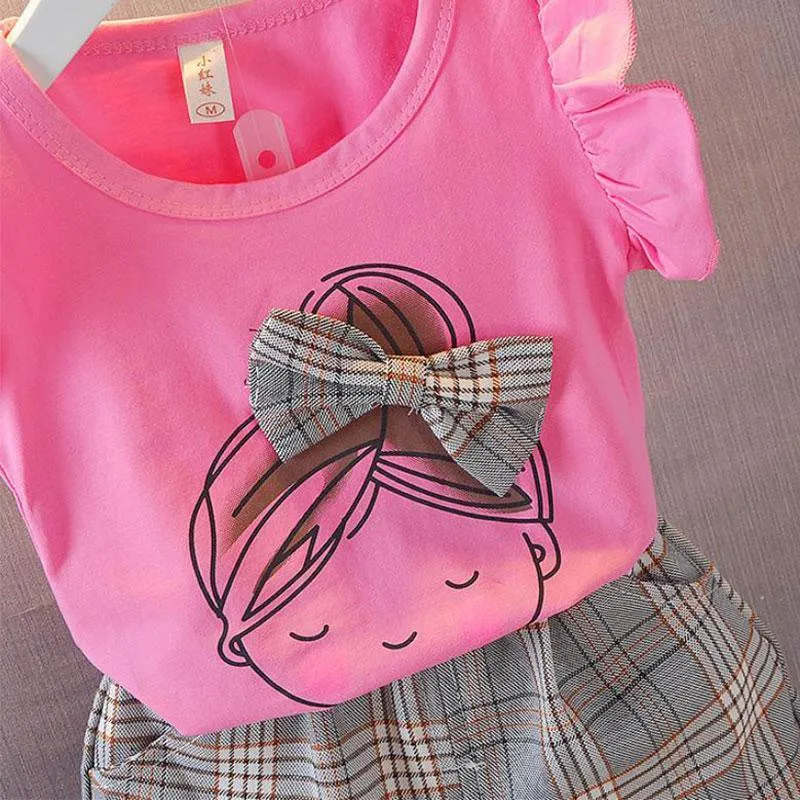 2pcs Sweet Plaid Little Girl Print T-shirt and Pants