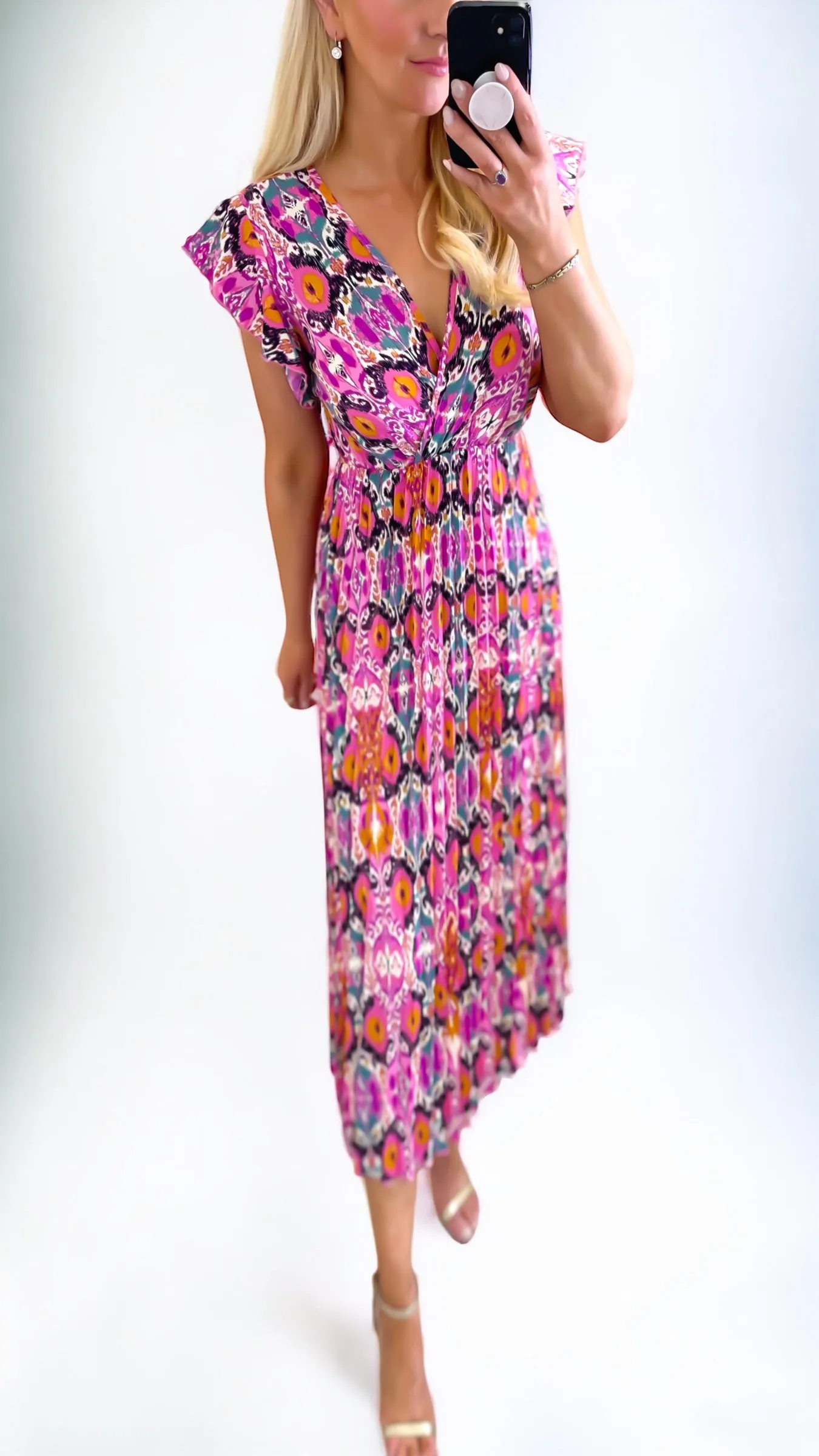 4-A0890 Pink Aztec Pleat Dress