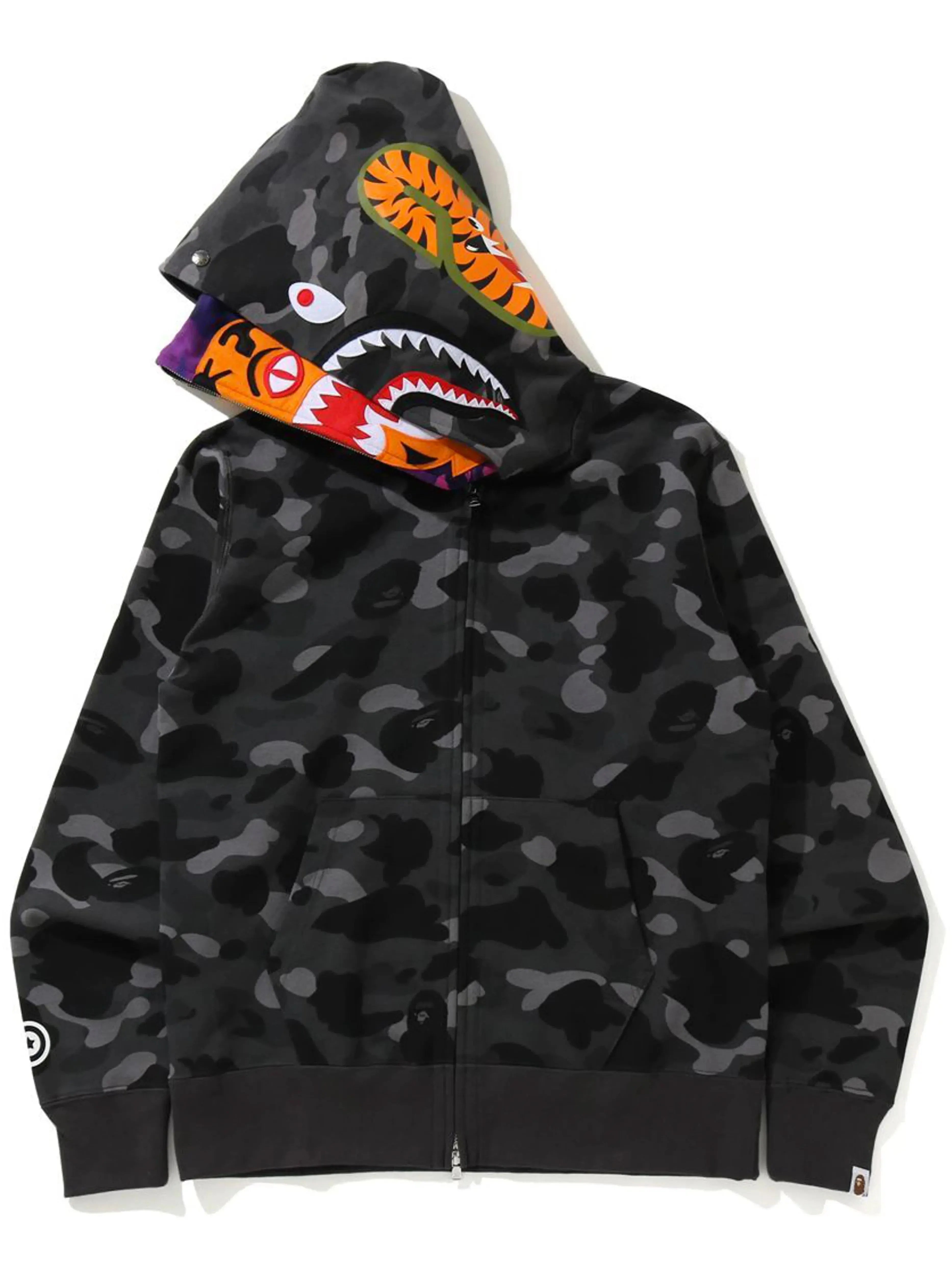 A Bathing Ape Colour Camo Tiger Shark Wide Full Zip Double Hoodie Black (SS21)