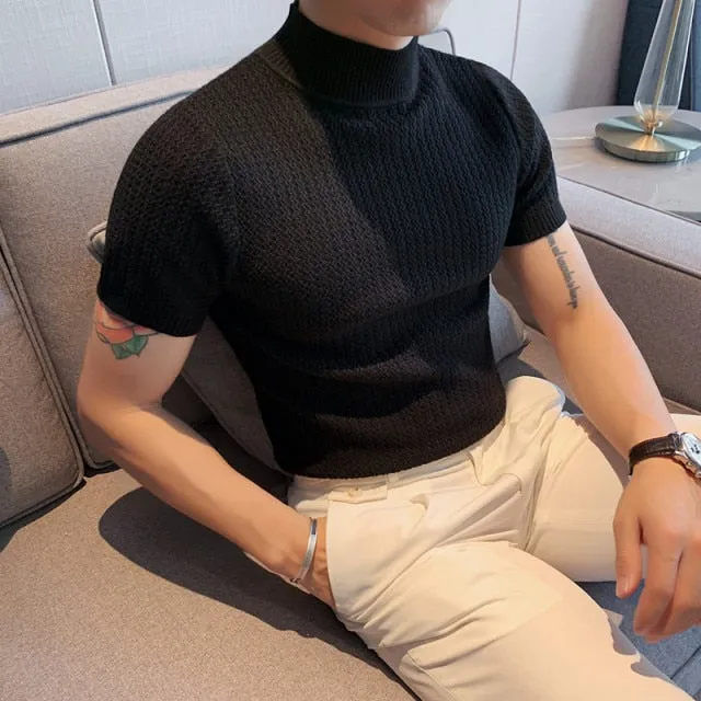 Aidase Autumn New Short Sleeve Knitted Sweater Men Clothing All Match Slim Fit Stretched Turtleneck Casual Pull Homme Pullovers