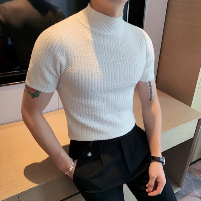 Aidase Autumn New Short Sleeve Knitted Sweater Men Clothing All Match Slim Fit Stretched Turtleneck Casual Pull Homme Pullovers