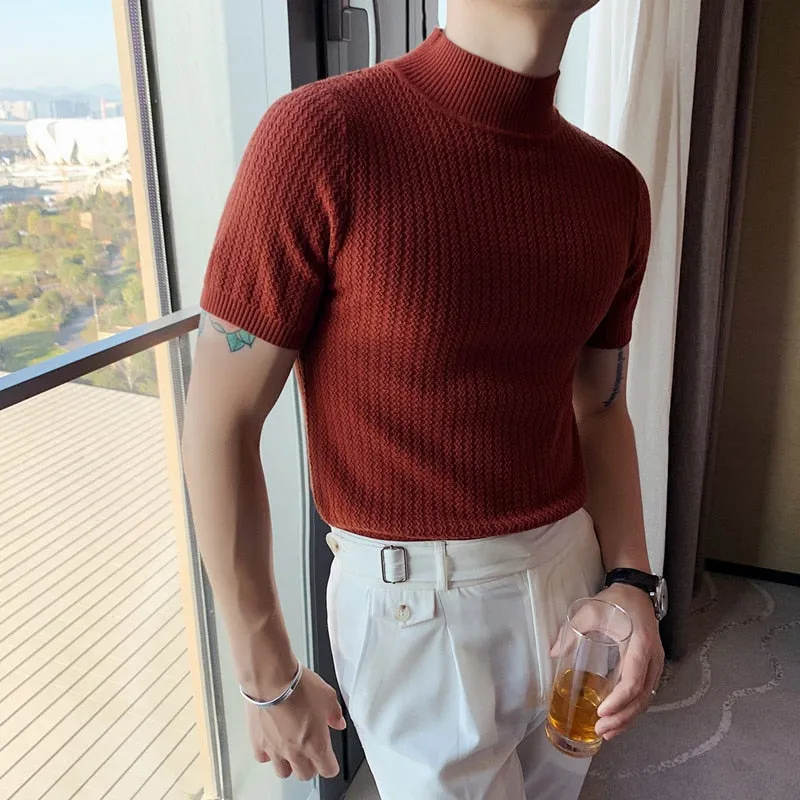 Aidase Autumn New Short Sleeve Knitted Sweater Men Clothing All Match Slim Fit Stretched Turtleneck Casual Pull Homme Pullovers