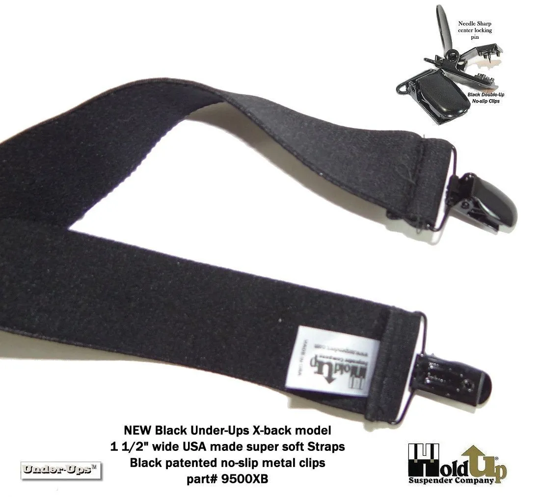 All Black Hidden Undergarment Suspenders 1 1/2" wide 48"long, X-back style with No-slip Clips