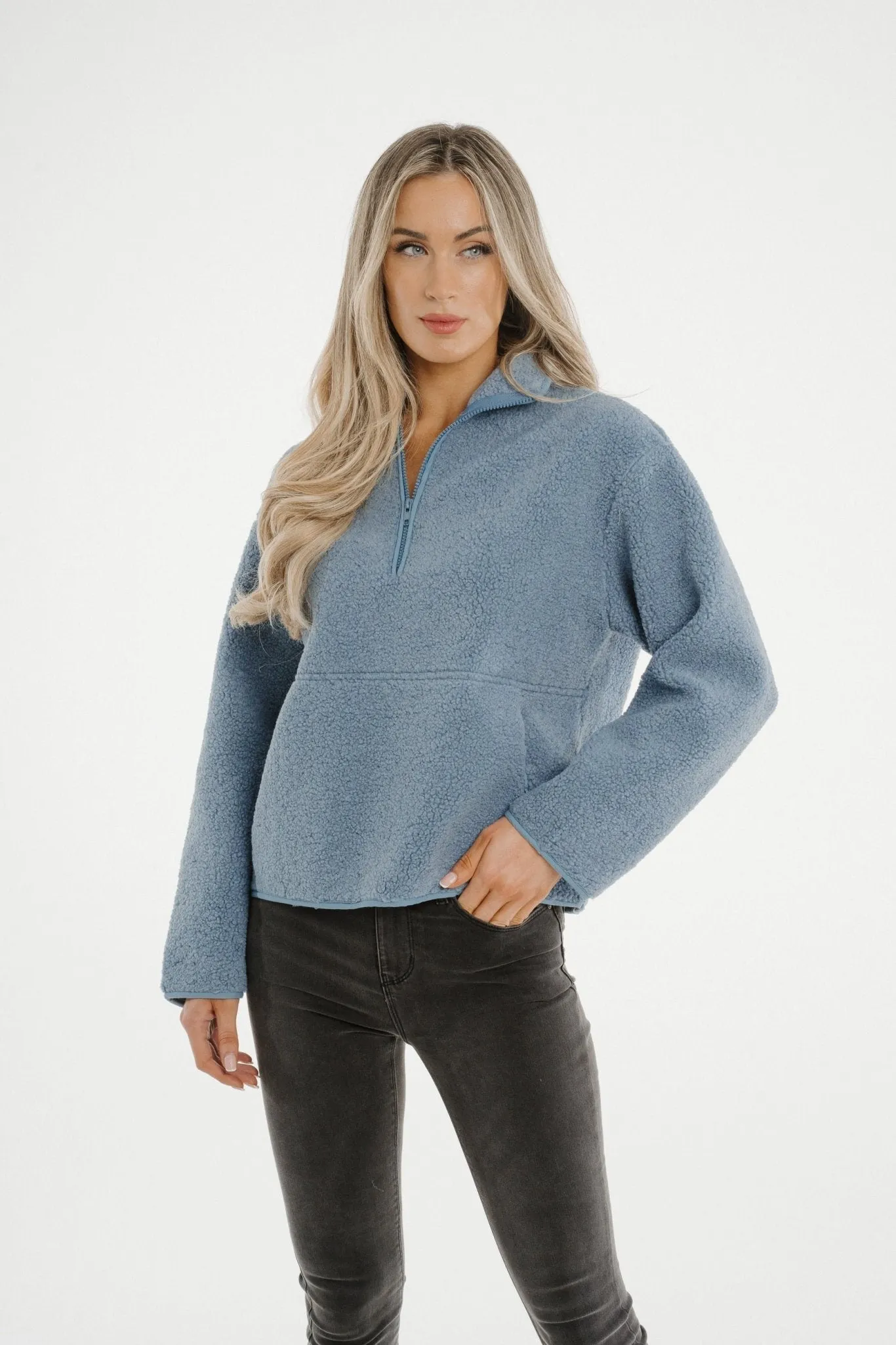 Ally Half Zip Faux Shearling Jacket In Blue