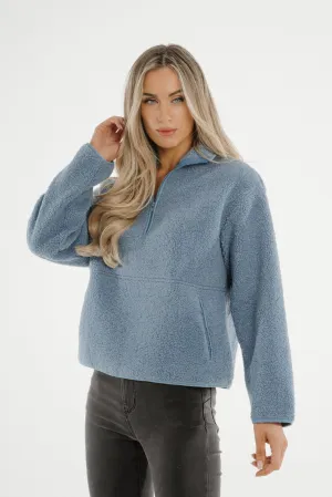 Ally Half Zip Faux Shearling Jacket In Blue