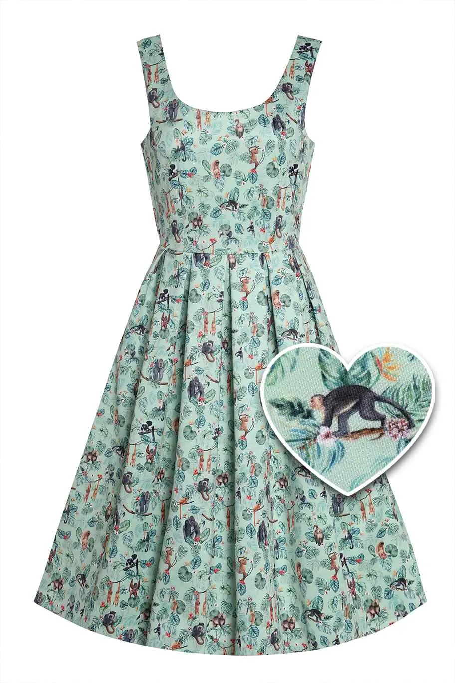 Amanda Light Green Pleated Dress in Monkey Print