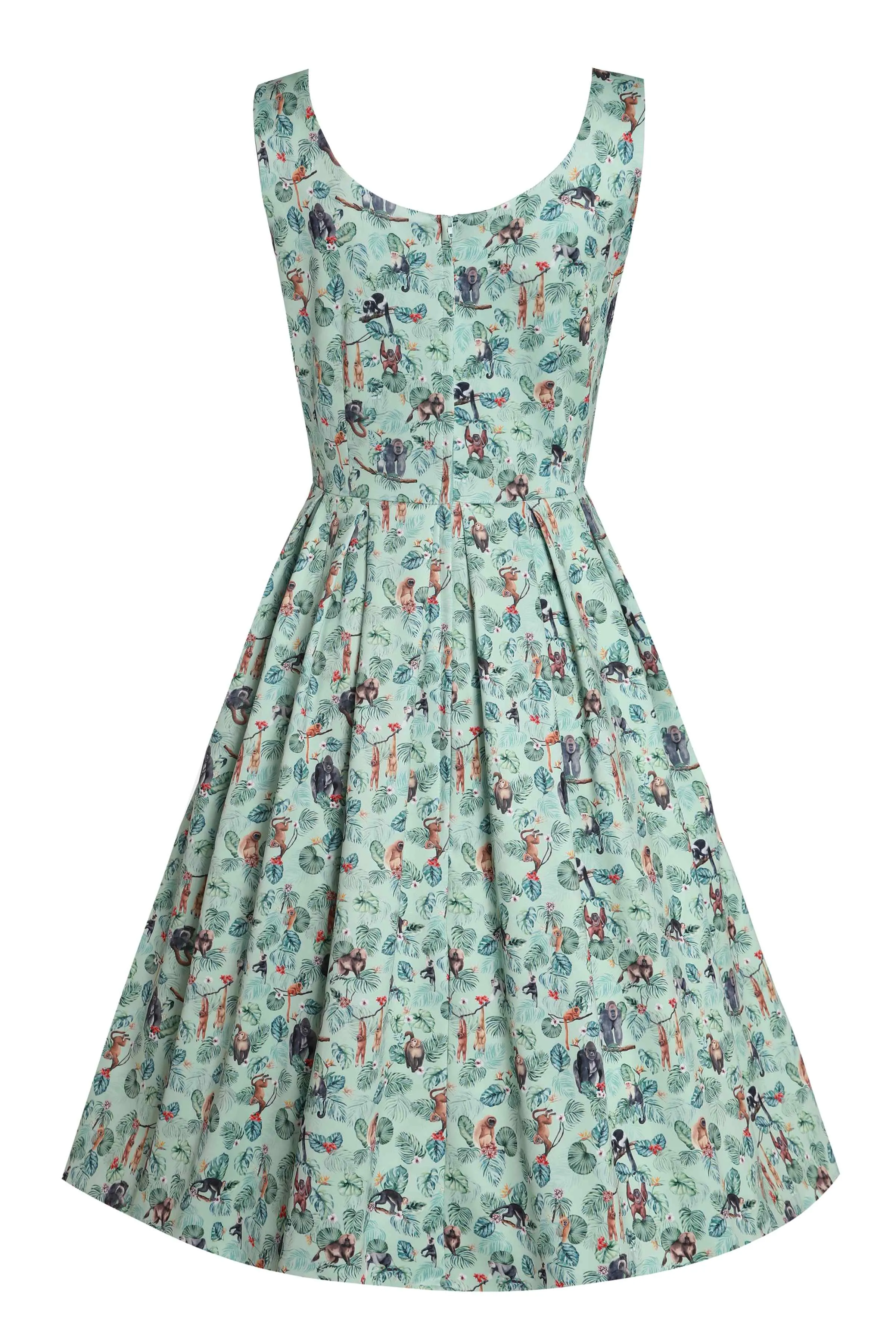 Amanda Light Green Pleated Dress in Monkey Print