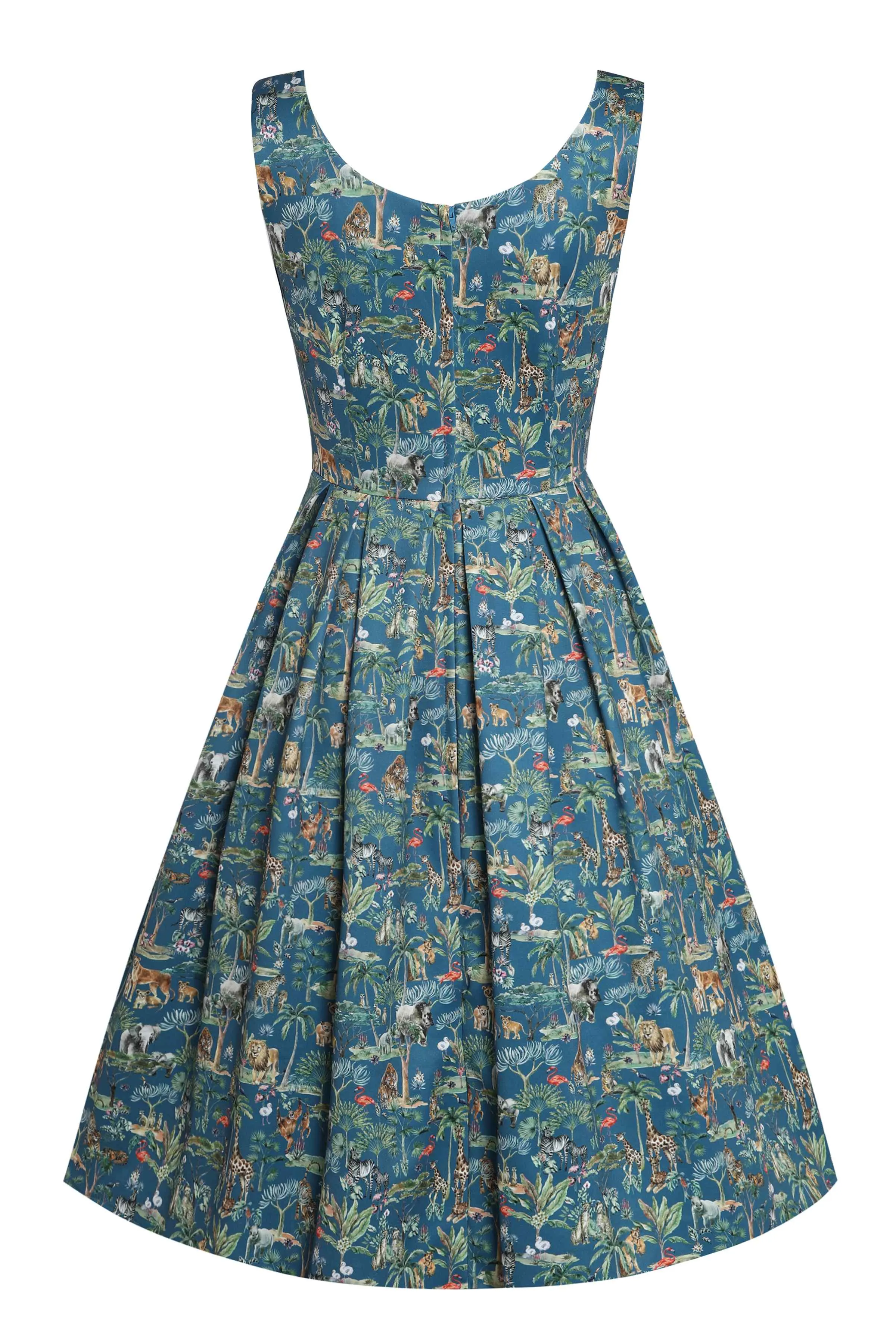 Amanda Safari Animal Blue Box Pleated Dress