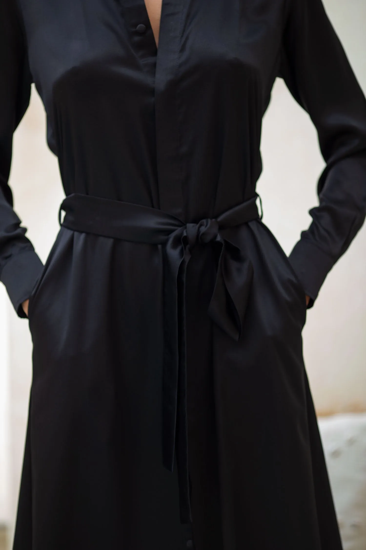 Anais Long Sleeve Silk Shirt Dress, Black