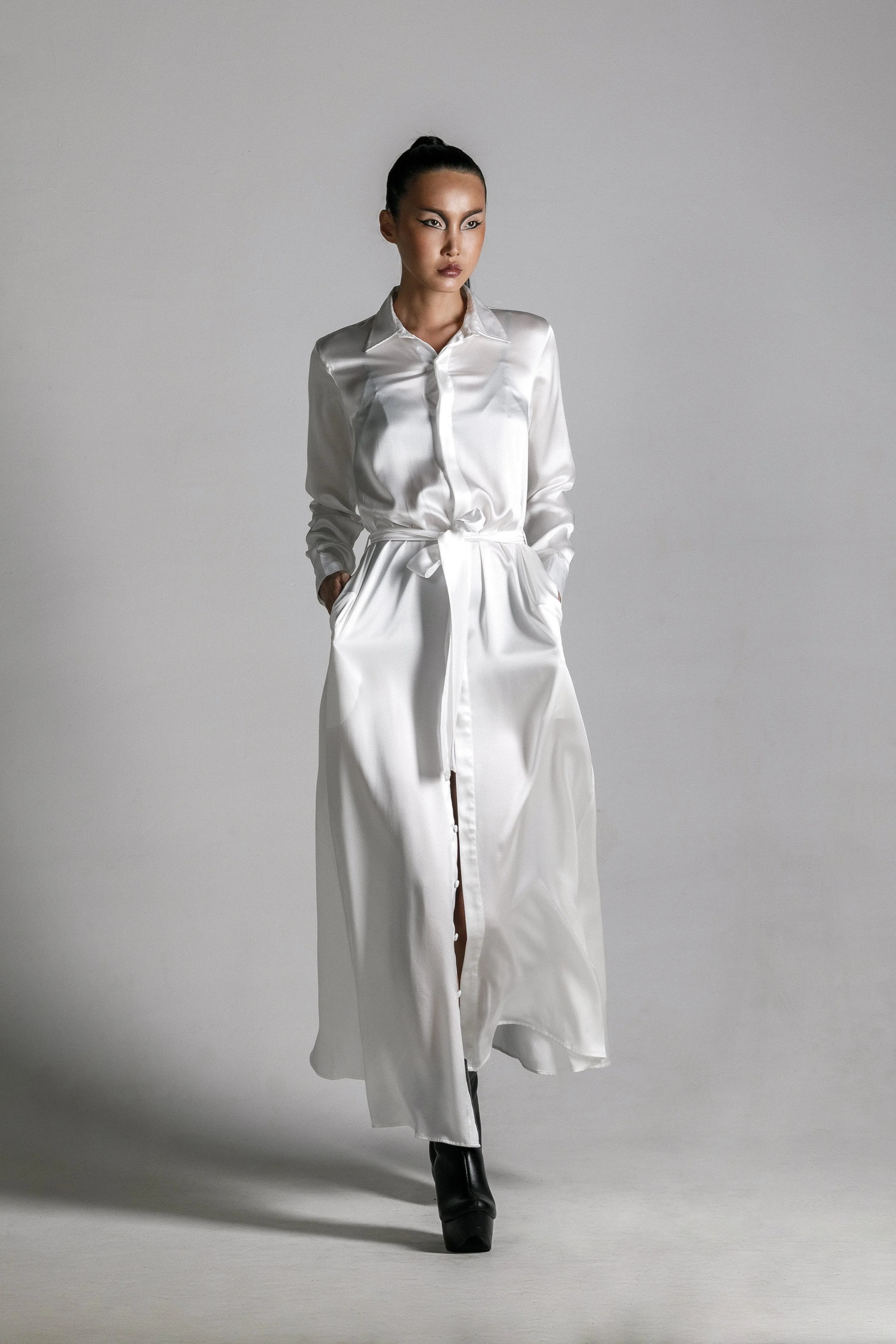 Anais Long Sleeve Silk Shirt Dress, White