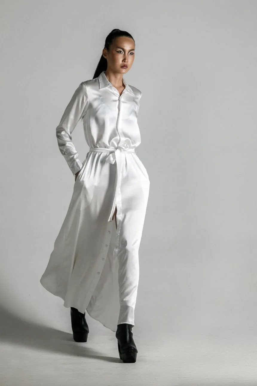 Anais Long Sleeve Silk Shirt Dress, White