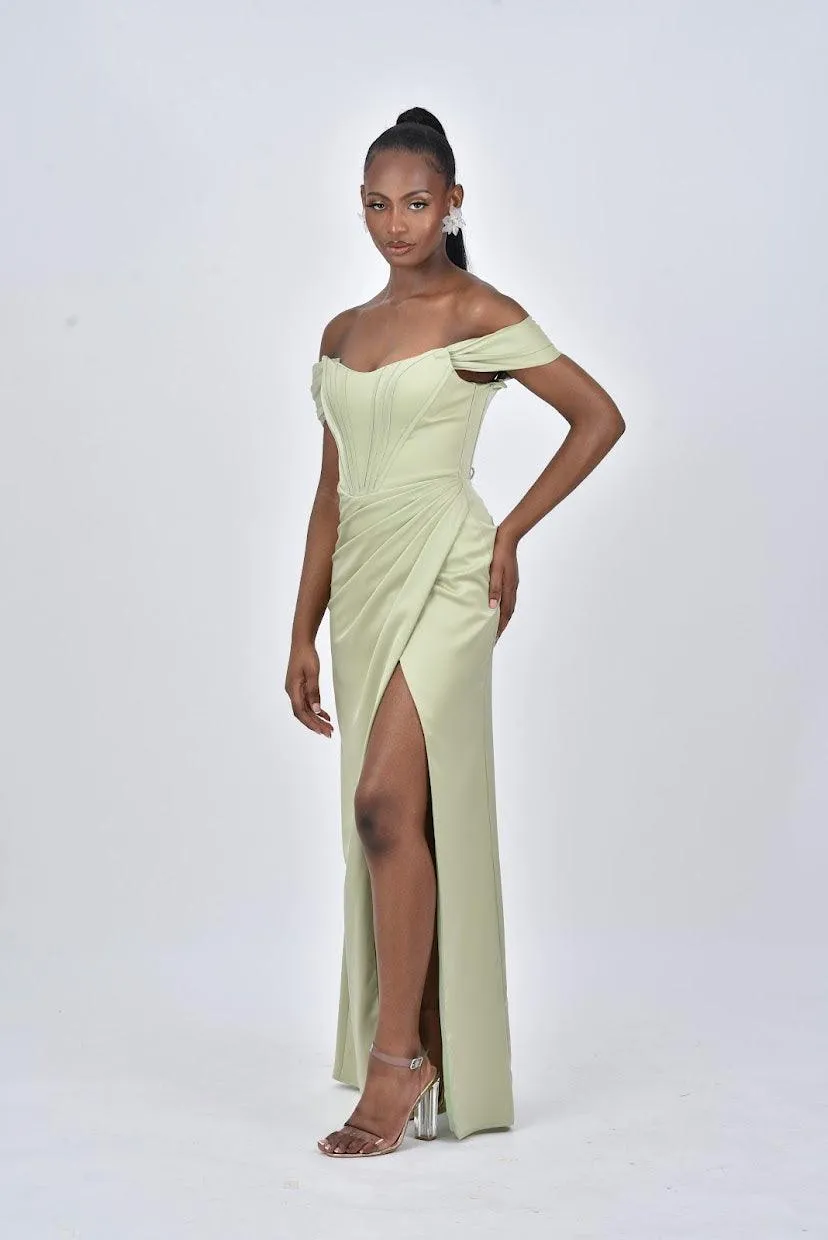 ARIANNA Detachable Off Shoulder Corset Bridesmaids Maxi Dress with Side Split - Sage Green