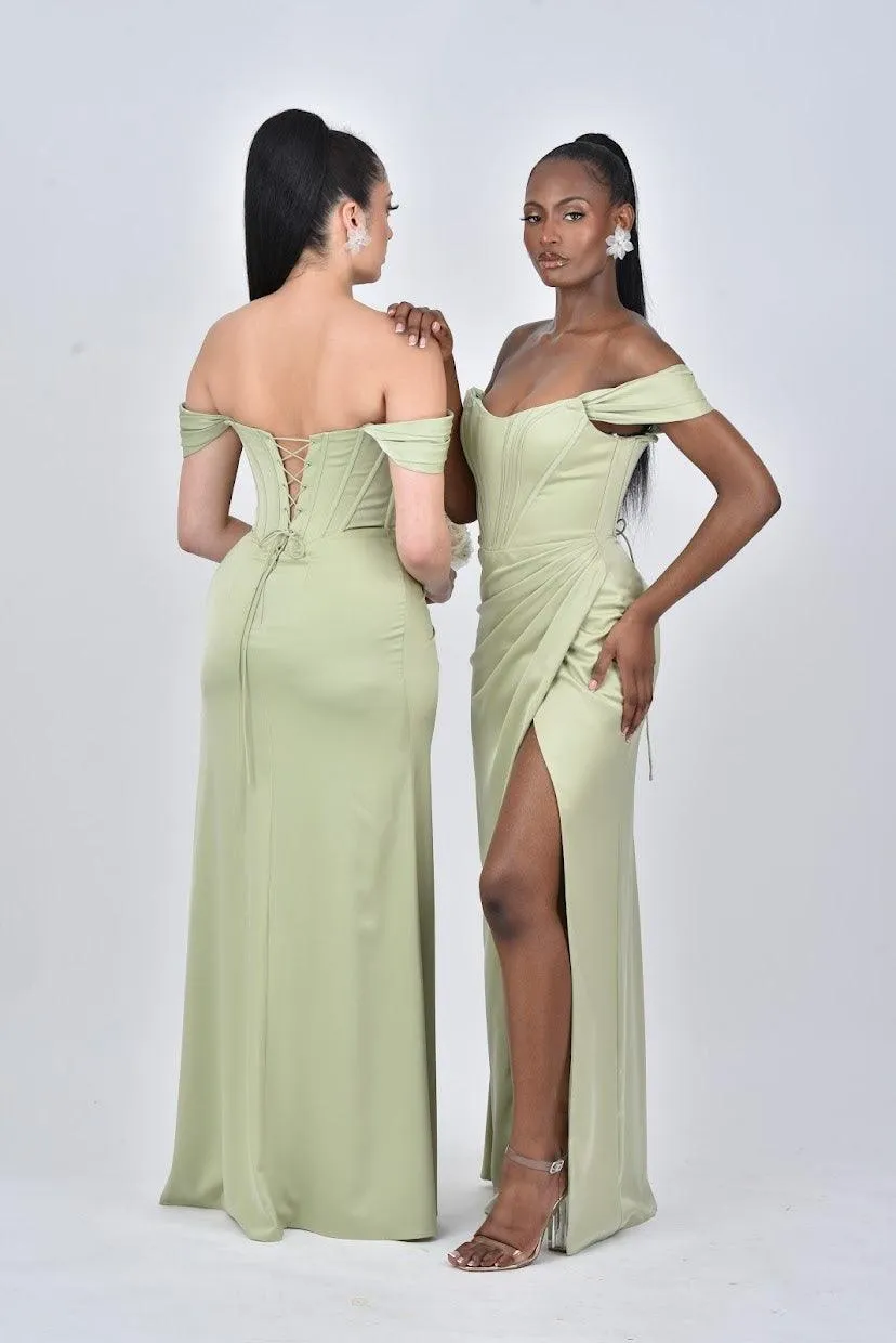 ARIANNA Detachable Off Shoulder Corset Bridesmaids Maxi Dress with Side Split - Sage Green