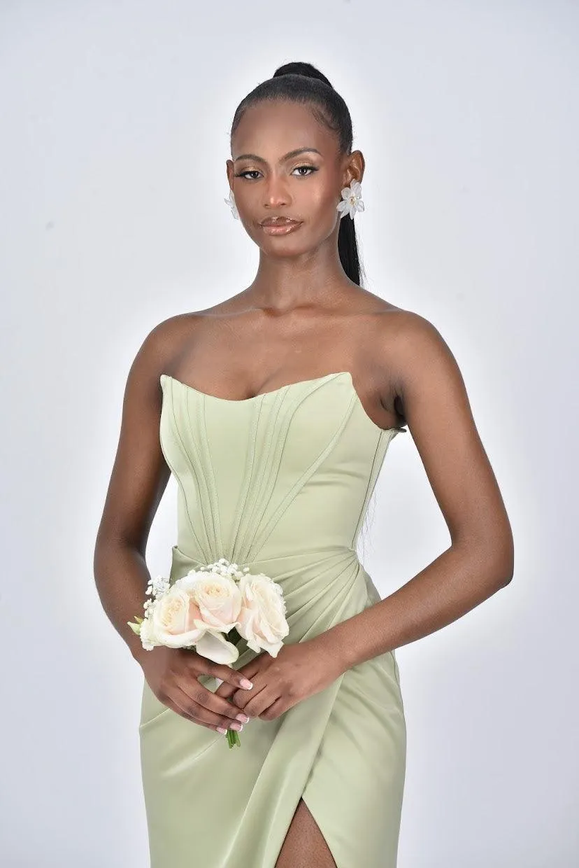 ARIANNA Detachable Off Shoulder Corset Bridesmaids Maxi Dress with Side Split - Sage Green