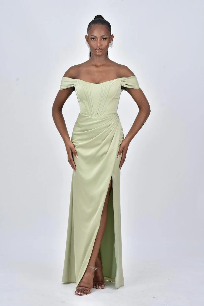 ARIANNA Detachable Off Shoulder Corset Bridesmaids Maxi Dress with Side Split - Sage Green