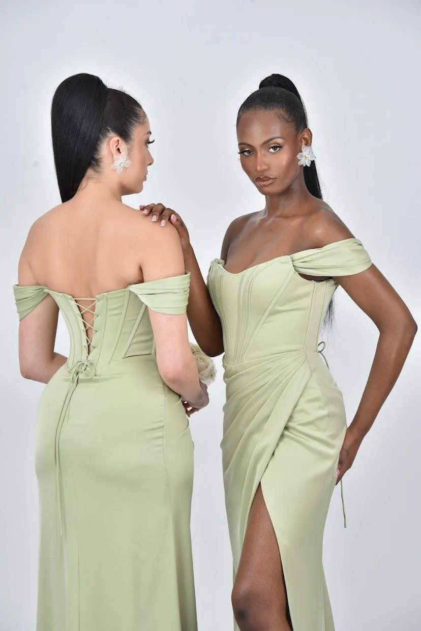 ARIANNA Detachable Off Shoulder Corset Bridesmaids Maxi Dress with Side Split - Sage Green