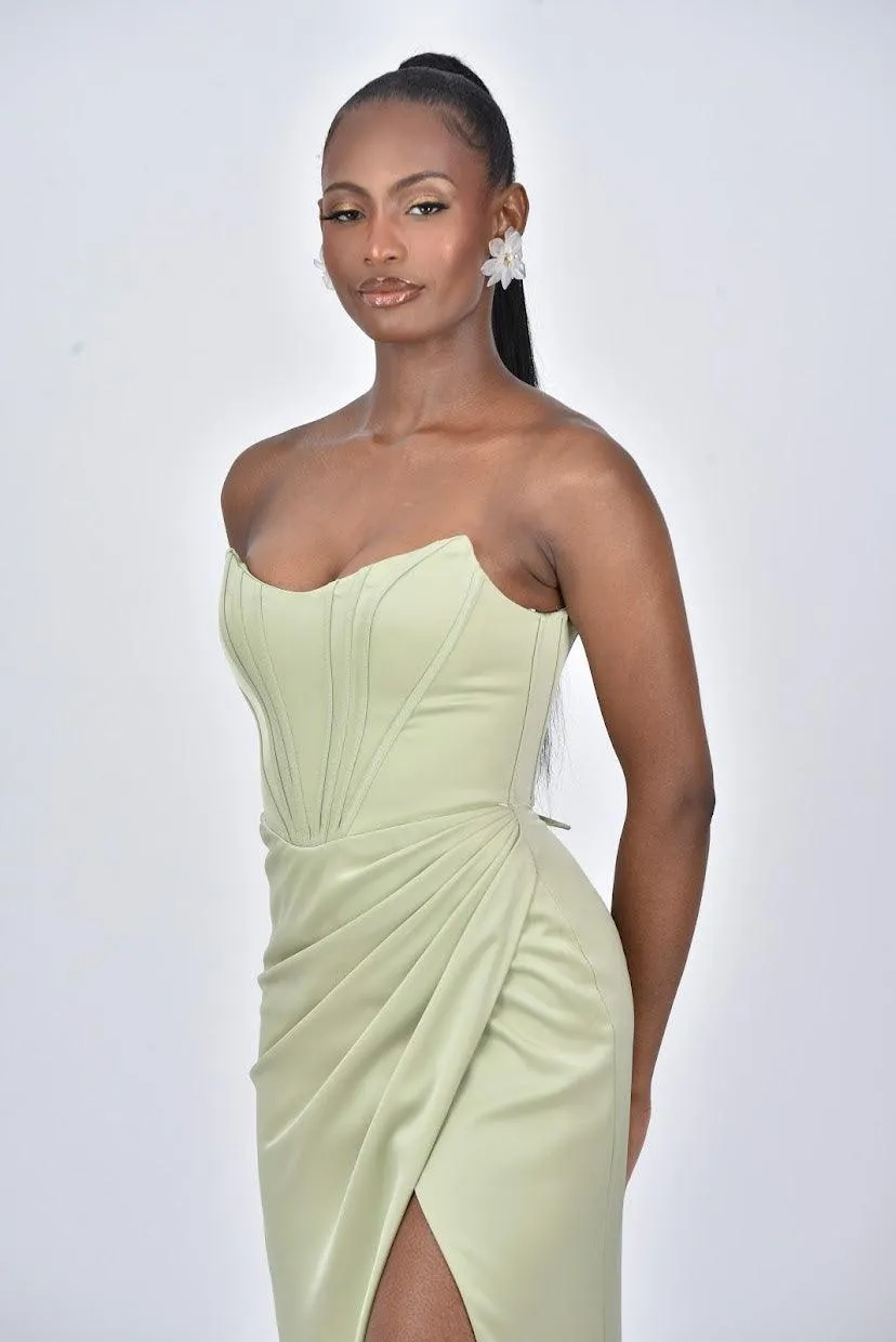 ARIANNA Detachable Off Shoulder Corset Bridesmaids Maxi Dress with Side Split - Sage Green