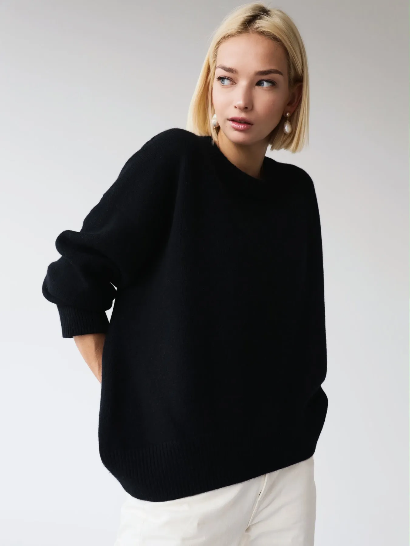 Autumn Winter Women Knitwear Crew Neck Loose Solid Color Popular Sweater