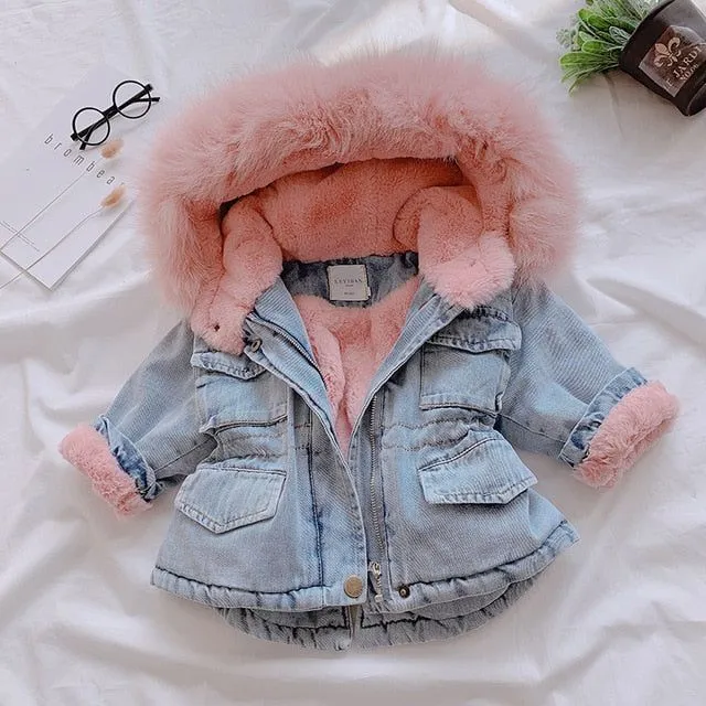 Babies/Toddlers Oversized Denim Fur Hooded Winter Coat Jacket