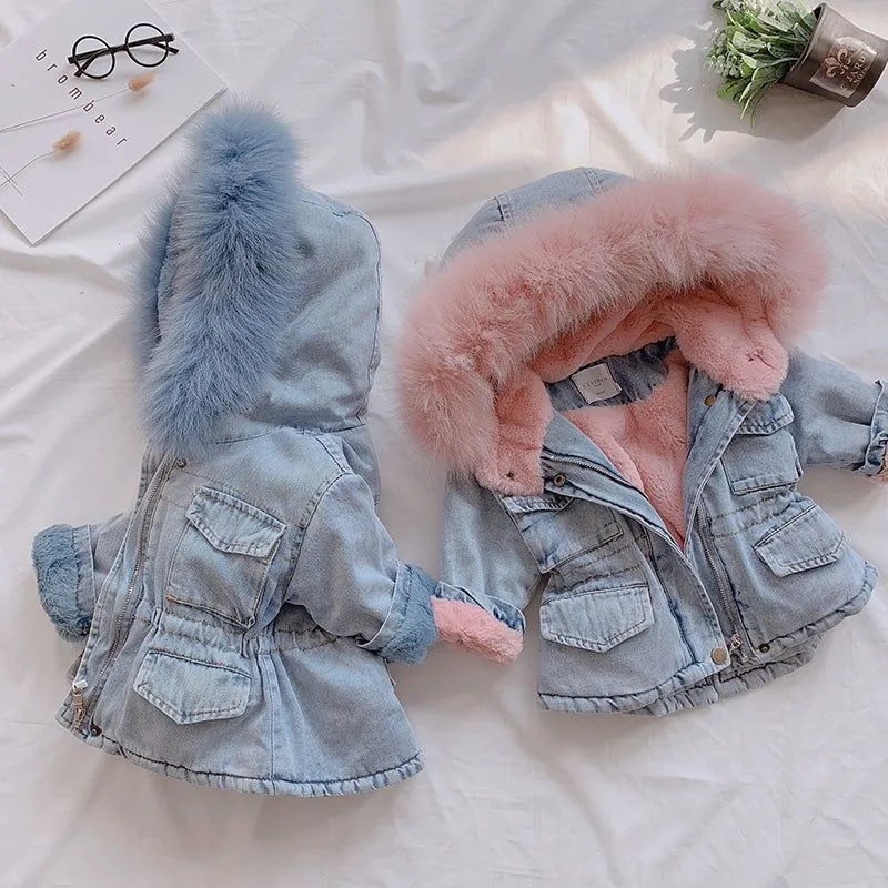 Babies/Toddlers Oversized Denim Fur Hooded Winter Coat Jacket