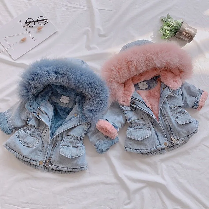 Babies/Toddlers Oversized Denim Fur Hooded Winter Coat Jacket