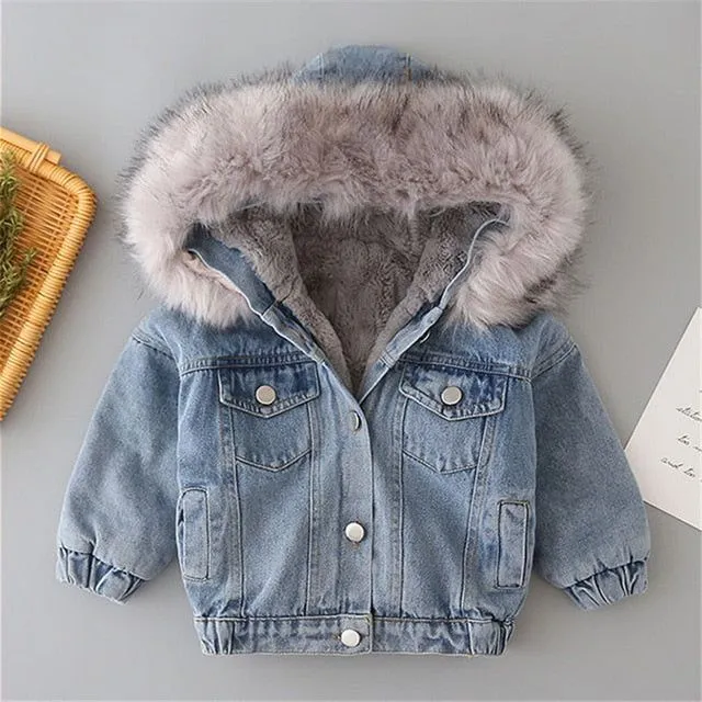 Babies/Toddlers Oversized Denim Fur Hooded Winter Coat Jacket