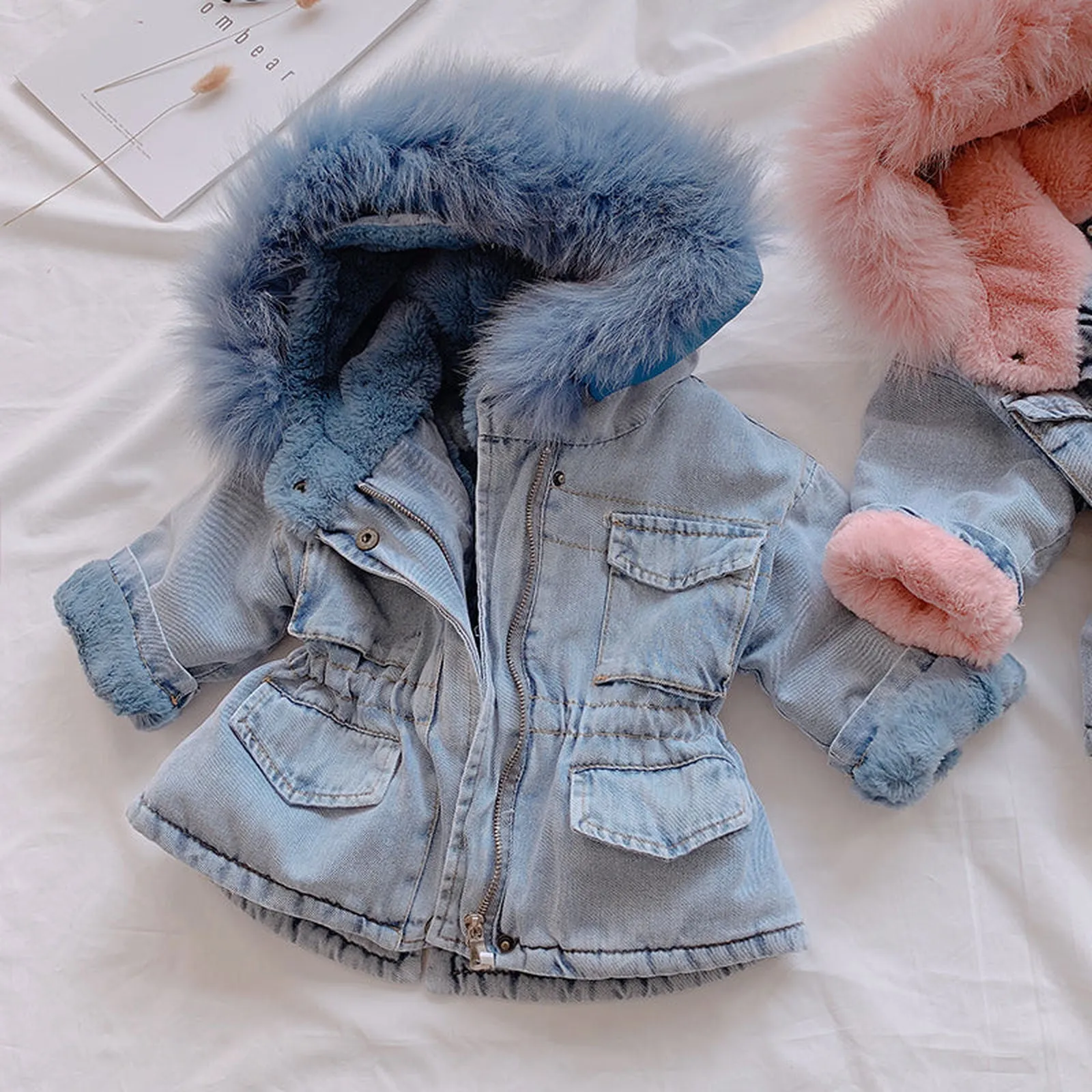 Babies/Toddlers Oversized Denim Fur Hooded Winter Coat Jacket