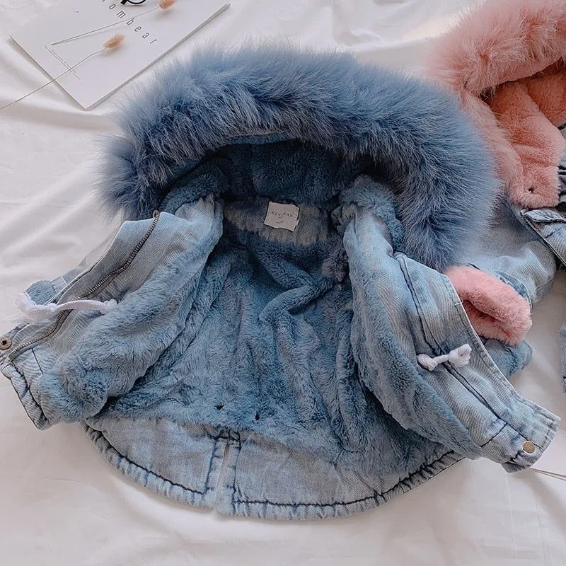 Babies/Toddlers Oversized Denim Fur Hooded Winter Coat Jacket