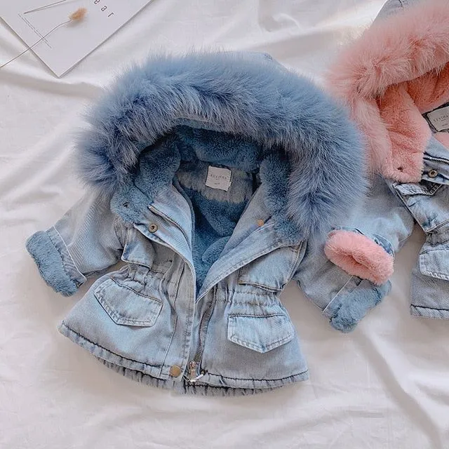 Babies/Toddlers Oversized Denim Fur Hooded Winter Coat Jacket