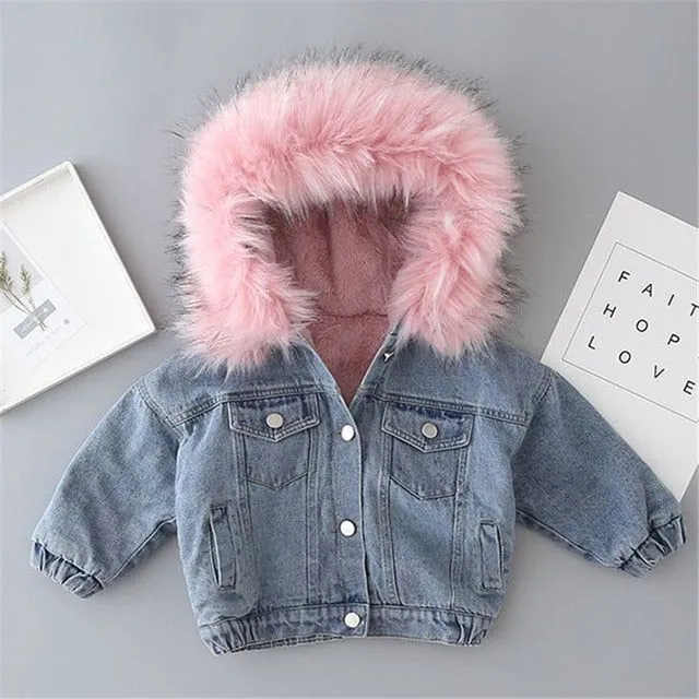 Babies/Toddlers Oversized Denim Fur Hooded Winter Coat Jacket