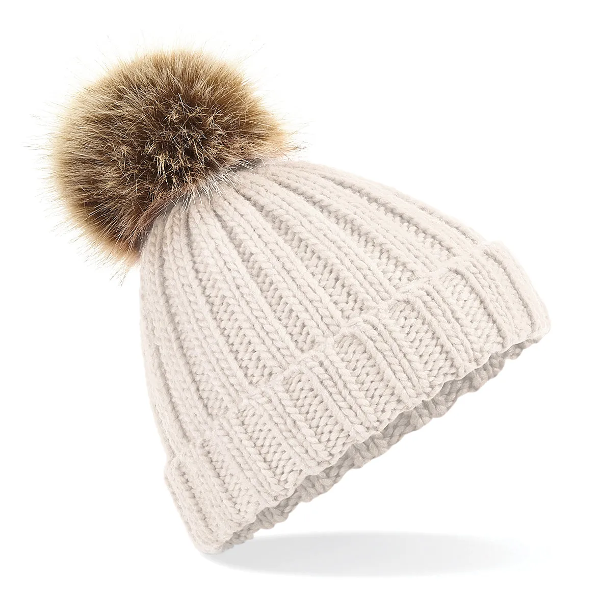 BC412 Fur Pop Pom Chunky Beanie with Front Logo