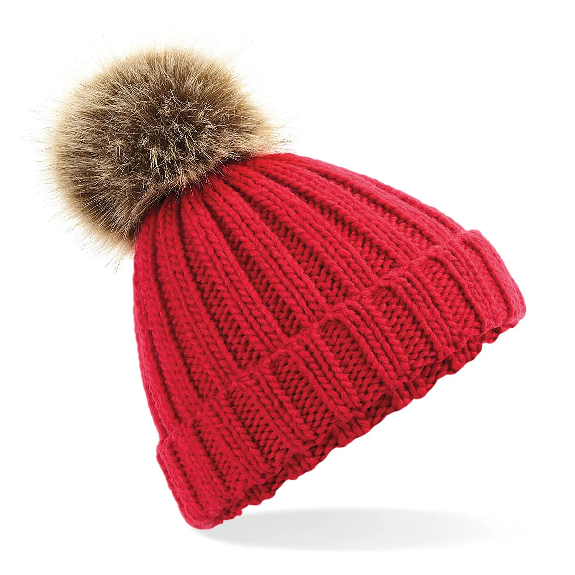 BC412 Fur Pop Pom Chunky Beanie with Front Logo