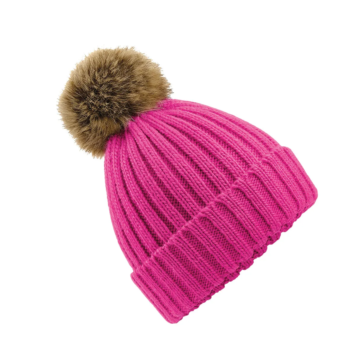 BC412 Fur Pop Pom Chunky Beanie with Front Logo