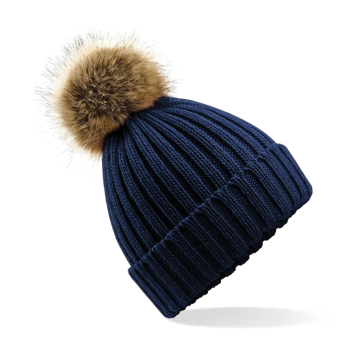 BC412 Fur Pop Pom Chunky Beanie with Front Logo