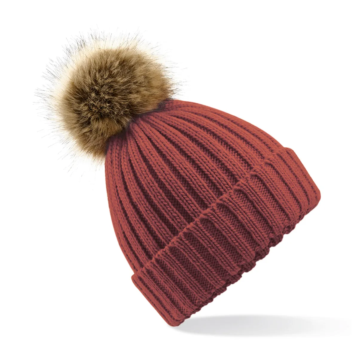 BC412 Fur Pop Pom Chunky Beanie with Front Logo