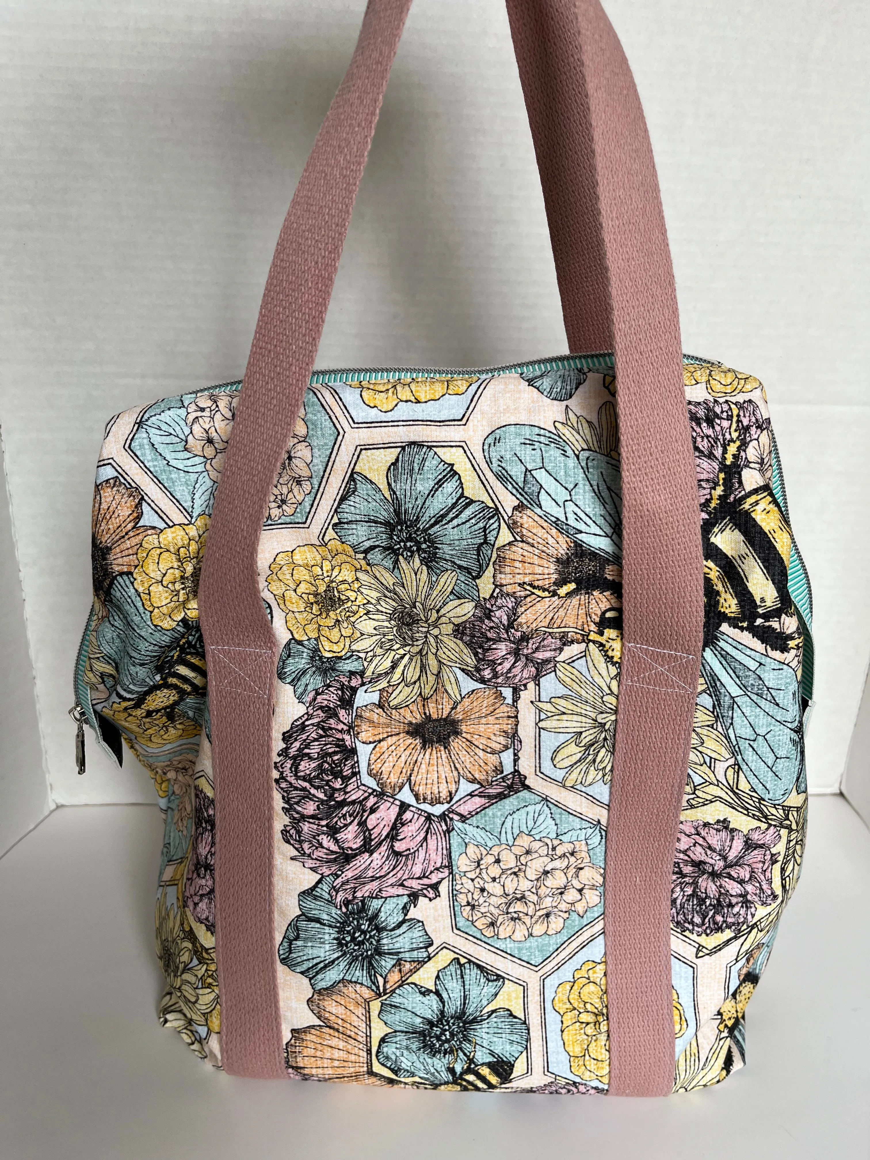 Bee and Floral Themed Large Canvas Wire Framed Project Bag with Handles