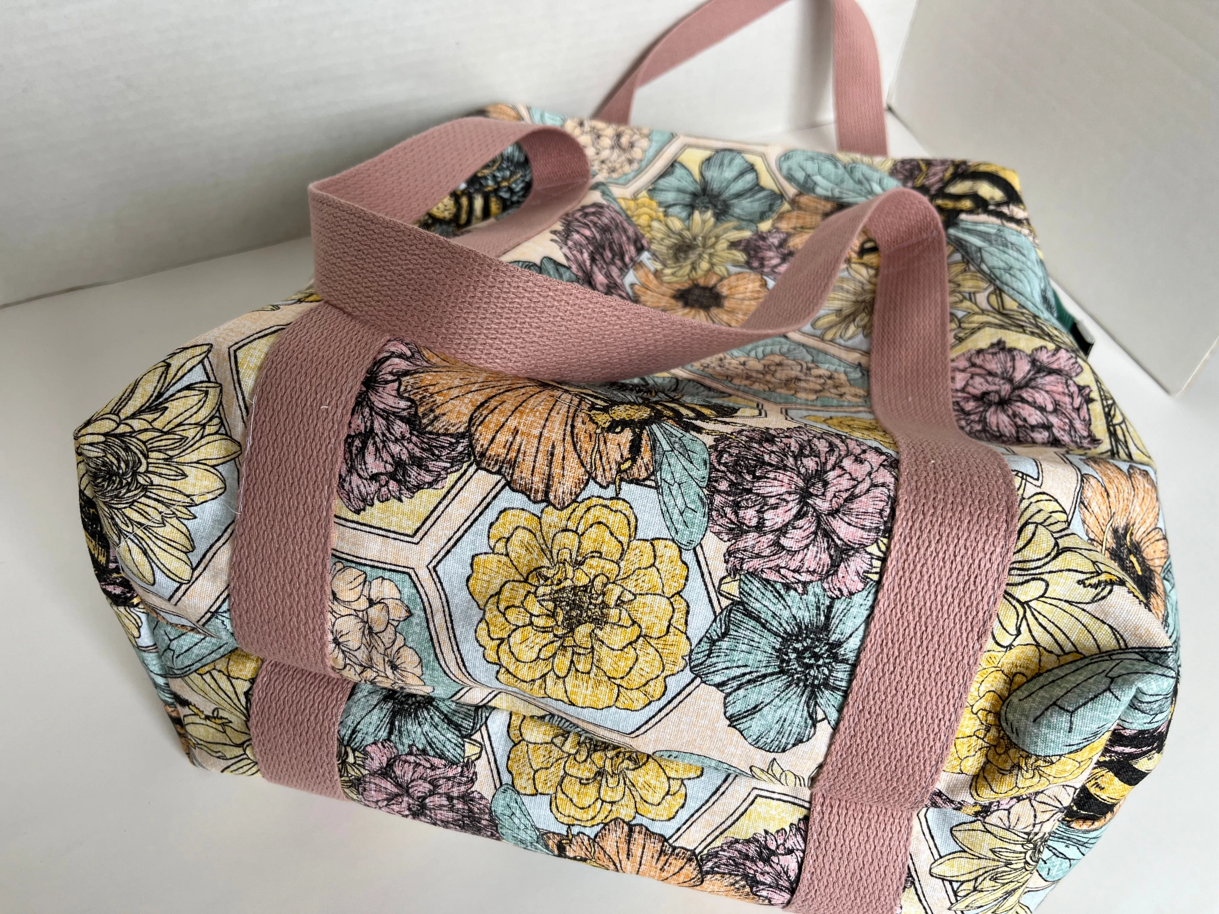 Bee and Floral Themed Large Canvas Wire Framed Project Bag with Handles