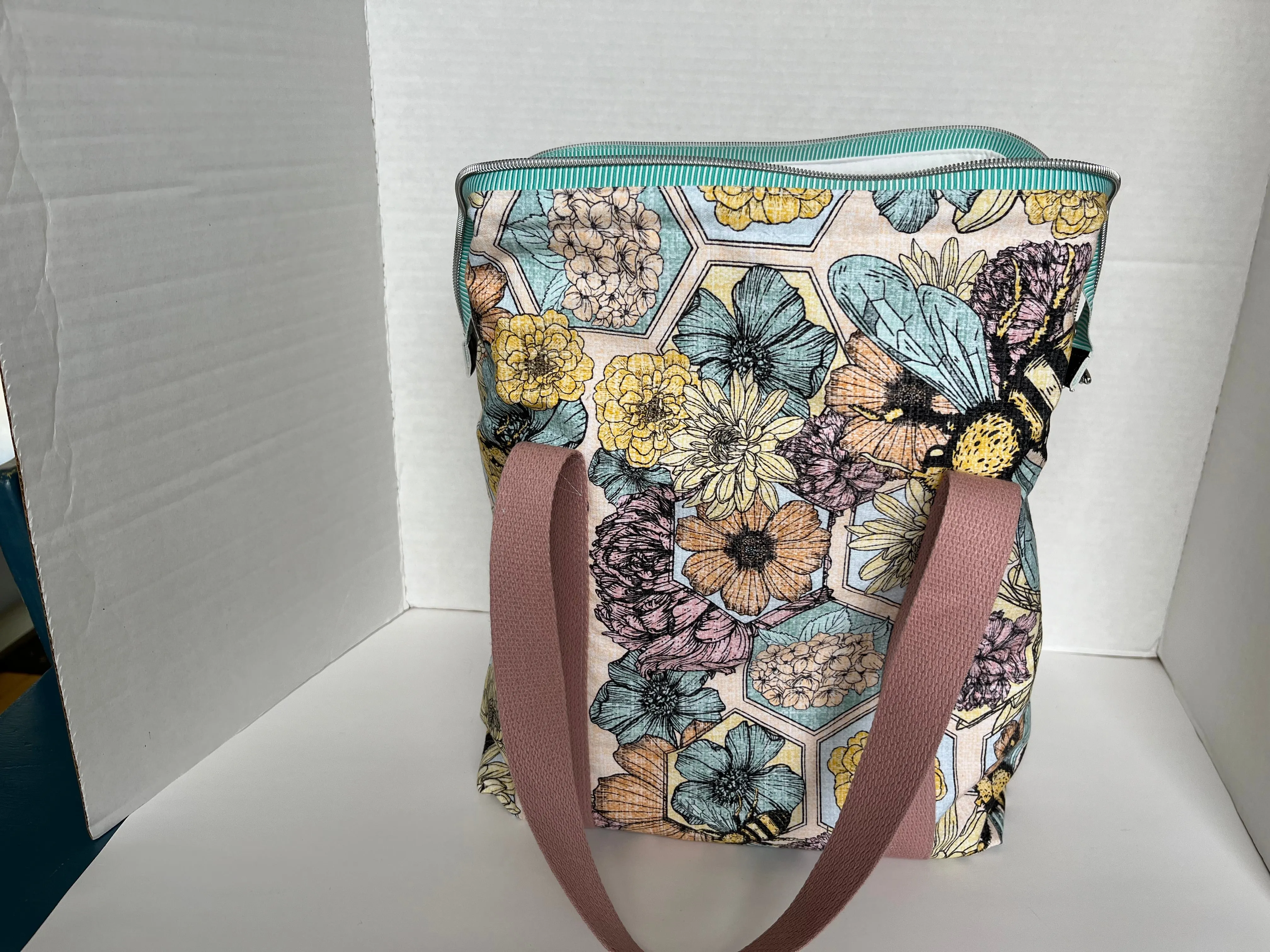 Bee and Floral Themed Large Canvas Wire Framed Project Bag with Handles