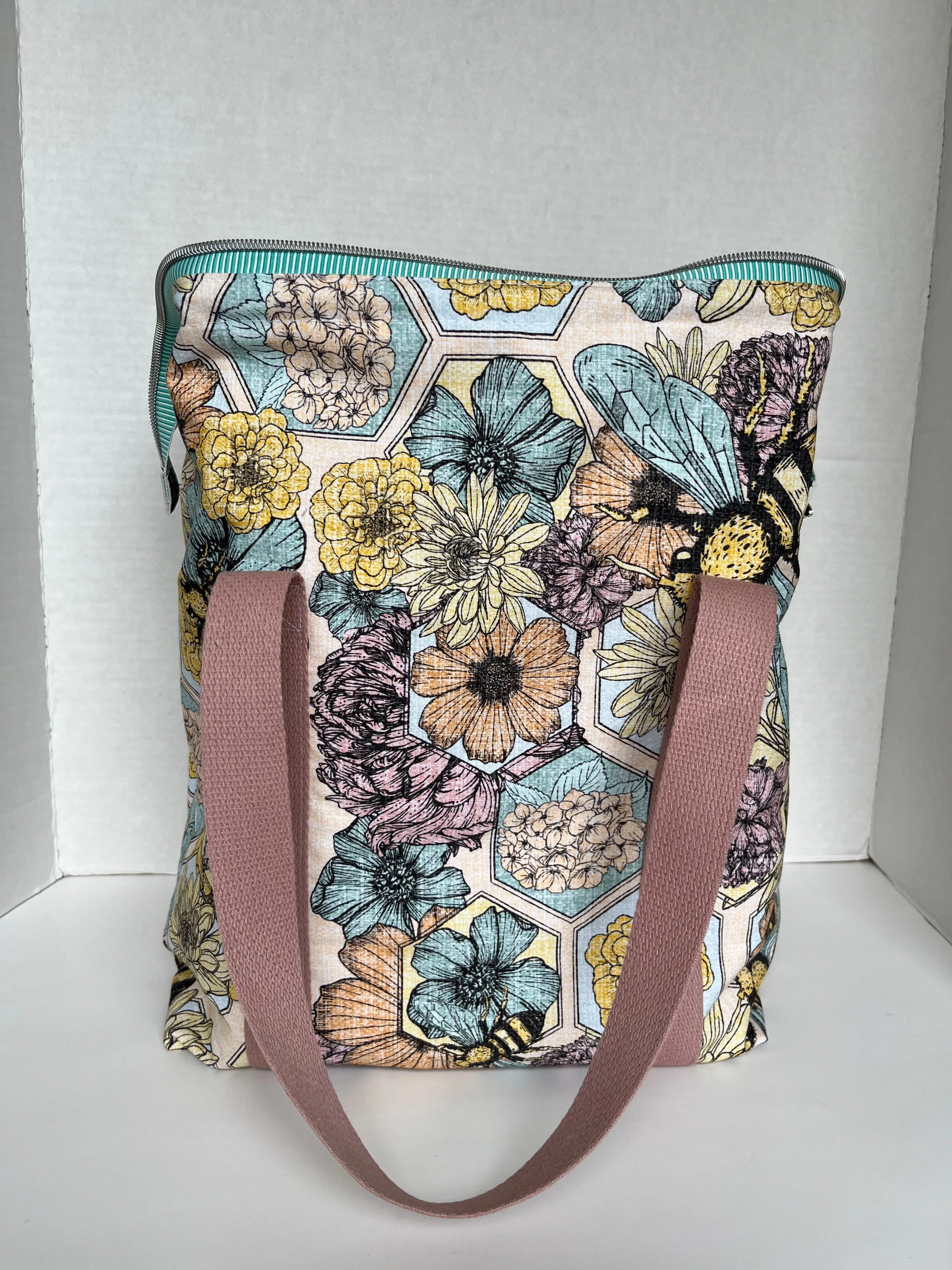 Bee and Floral Themed Large Canvas Wire Framed Project Bag with Handles