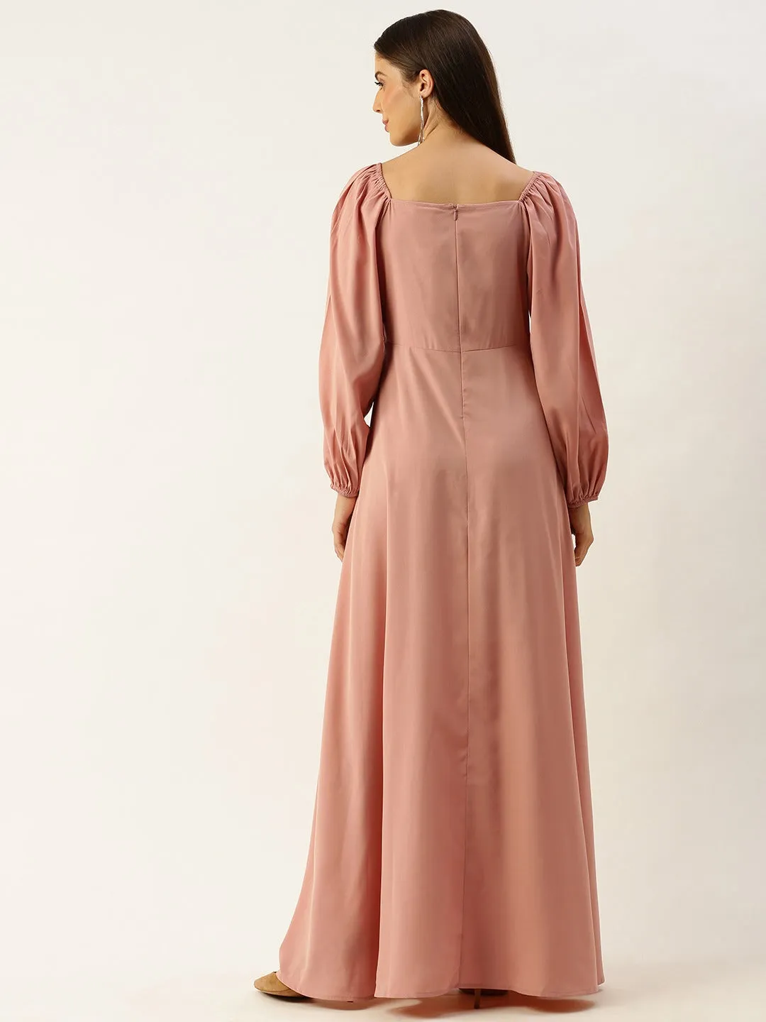 Berrylush Women Solid Peach Square Neck Slim-Fit Maxi Dress