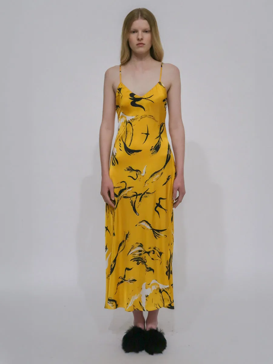 BIAS SLIP DRESS - PAINTED BIRDS