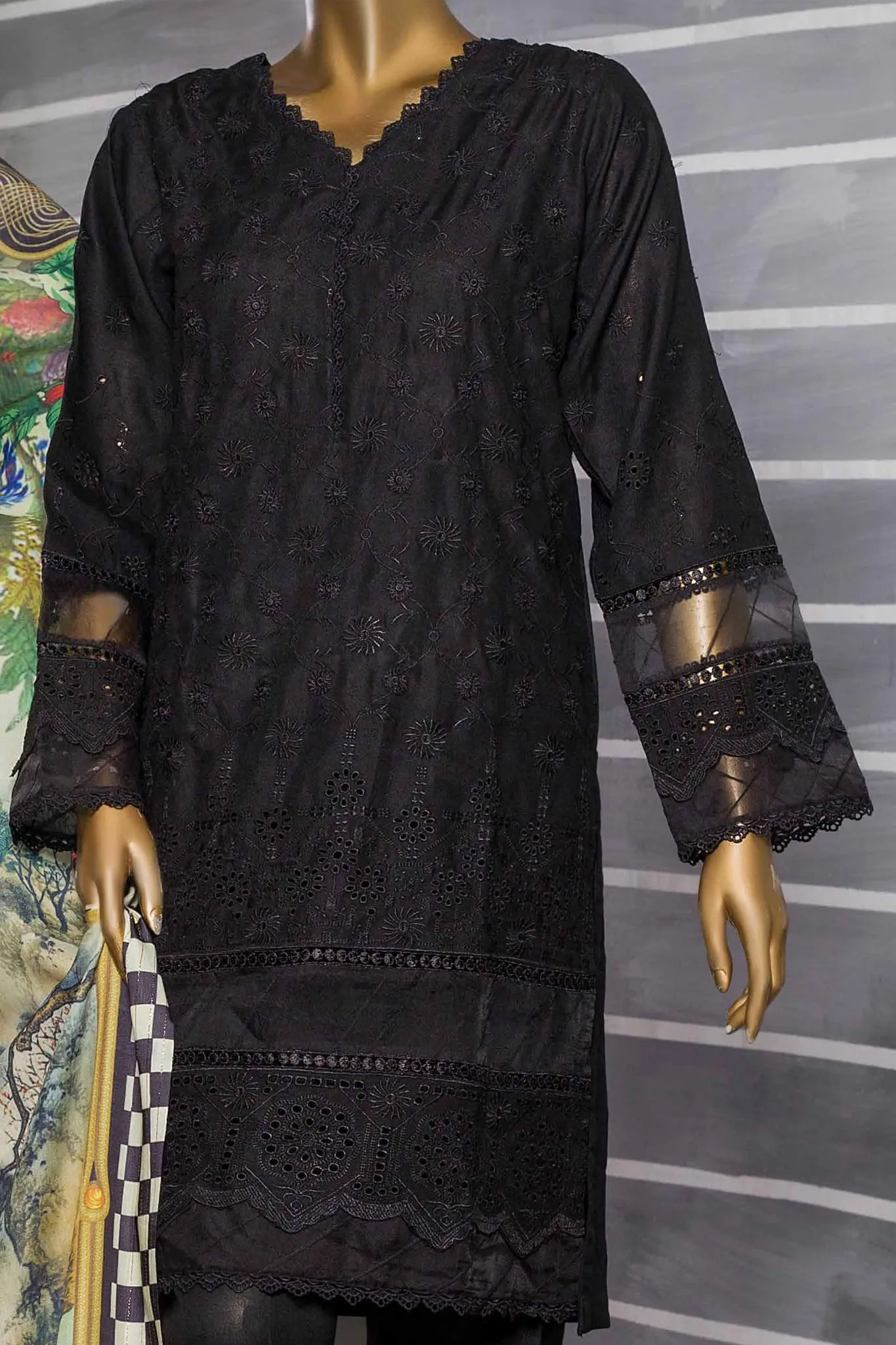 Bin Saeed Stitched 3 Piece Dhanak Winter Shawl Vol-02 Collection'2022-SM-024-Black